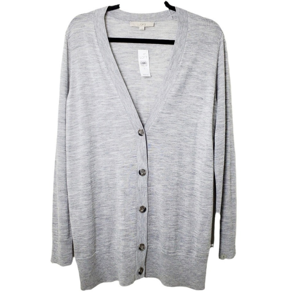LOFT Womens Heathered Gray Cardigan Wool Blend Knit Button Up Sweater Size Large
